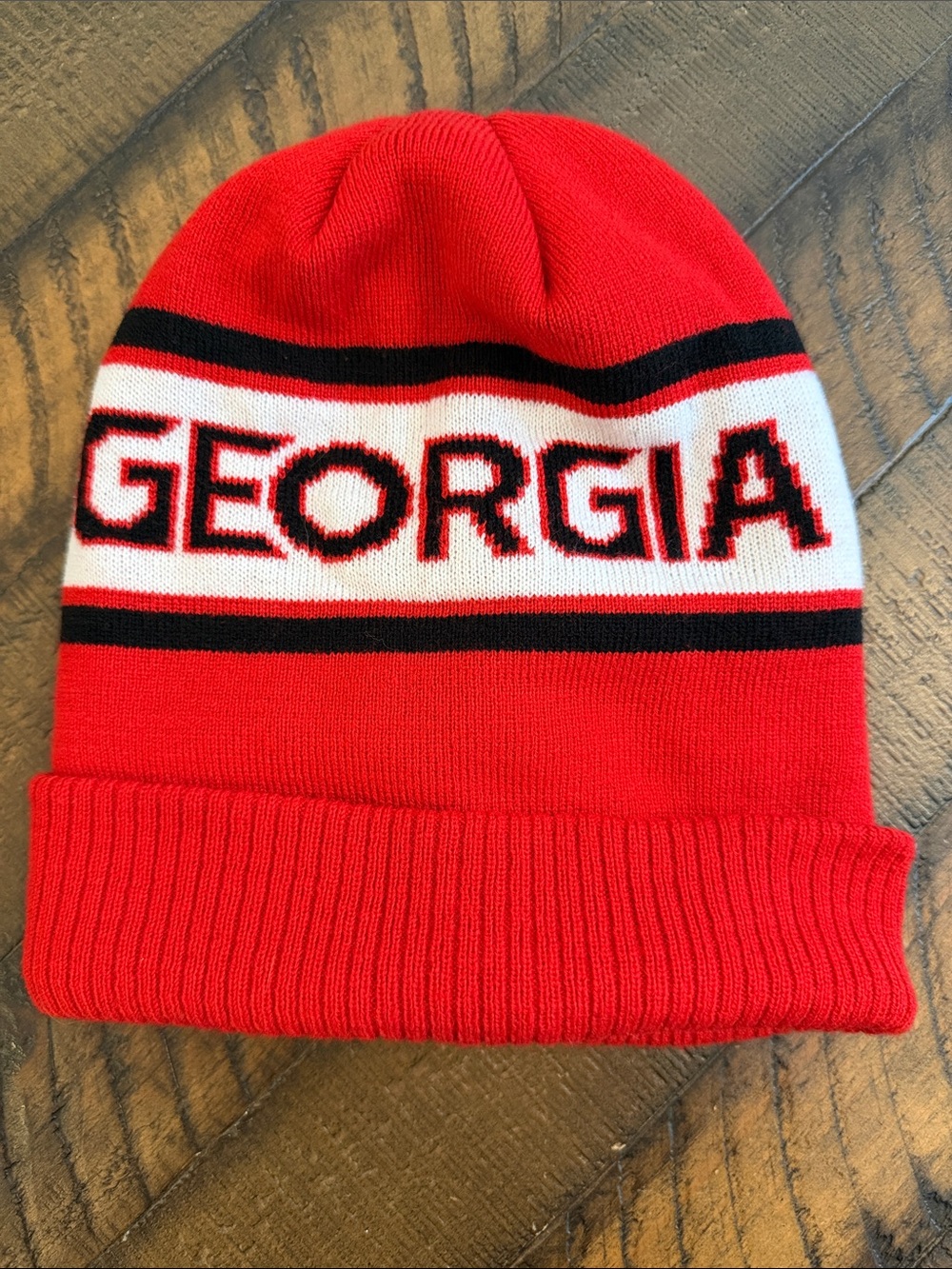 Georgia Red Knit Cuffed Beanie Hat